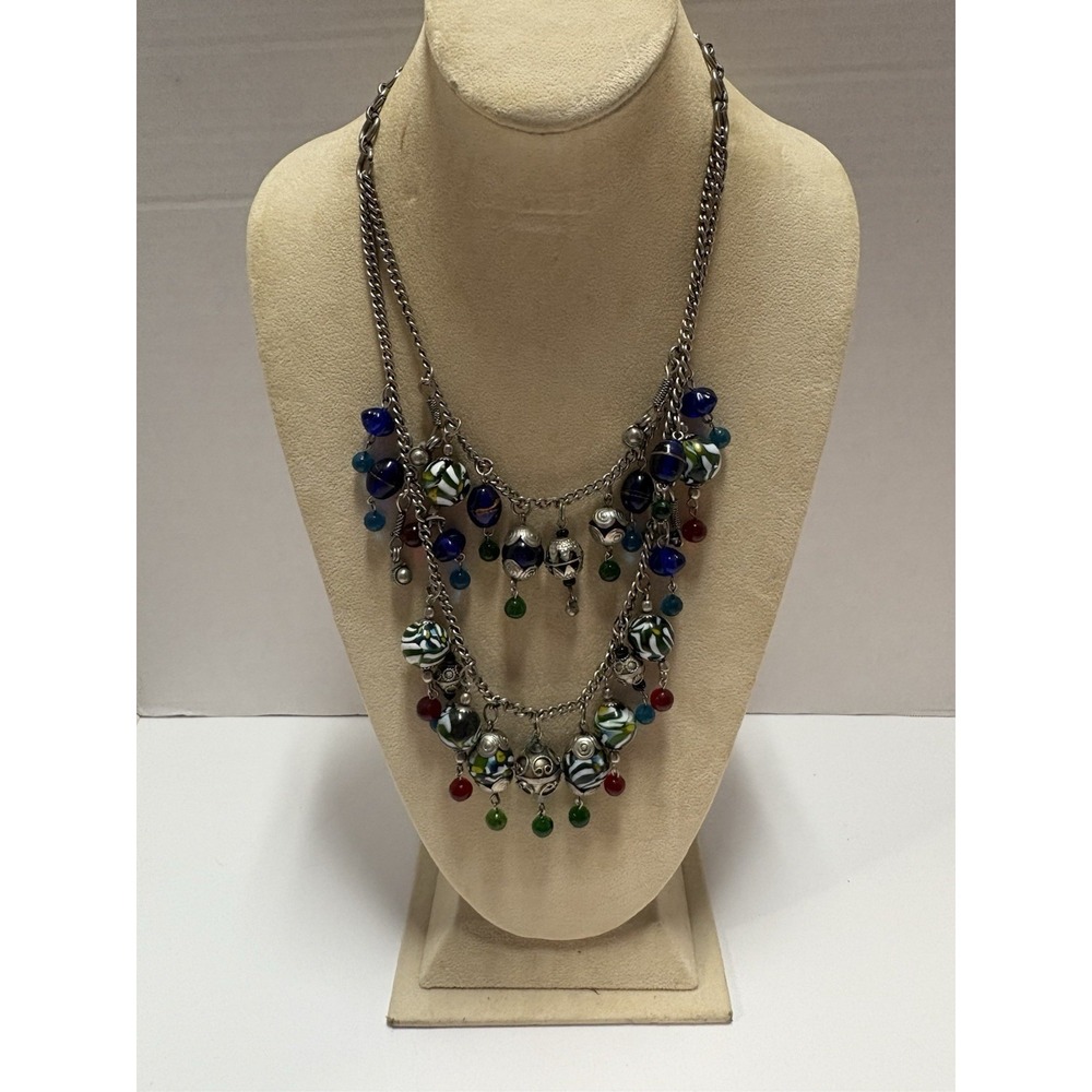 Necklace 18" Silver Tone Multi Strand Glass Bead Dangle Statement Jewelry Boho